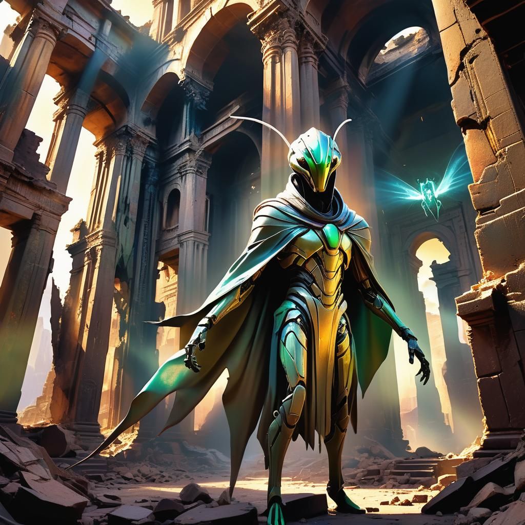 Heroic Alien Mantis in Ancient City Ruins