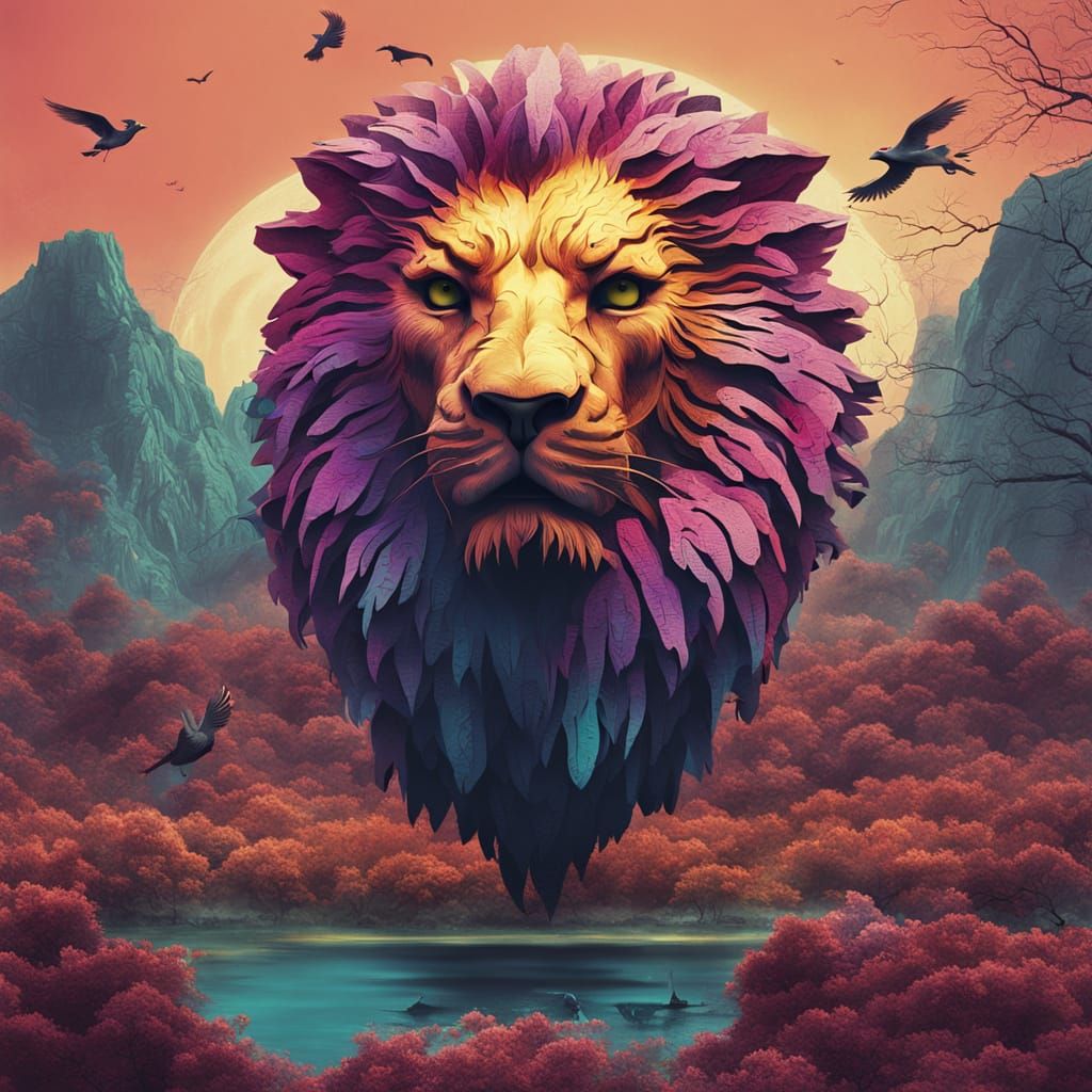 Surreal Lion-Bird Hybrid in Neon Dreamscape
