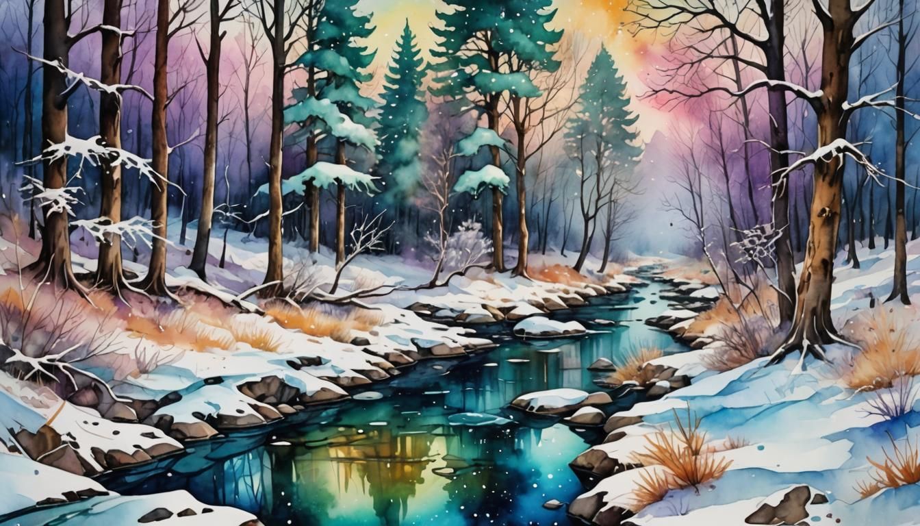 Winter Creek: Watercolor and Alcohol Ink Painting