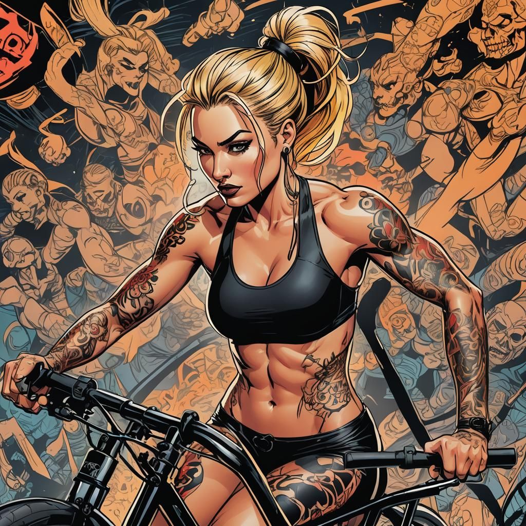 Comic Book Style Woman on Workout Bike