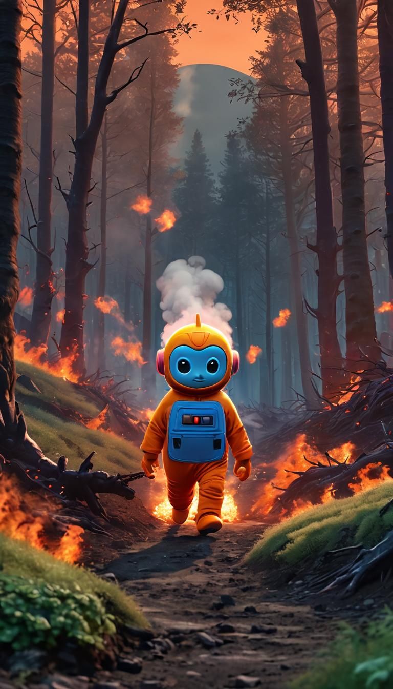 Cartoon Alien Running From Burning Forest in Anime Style