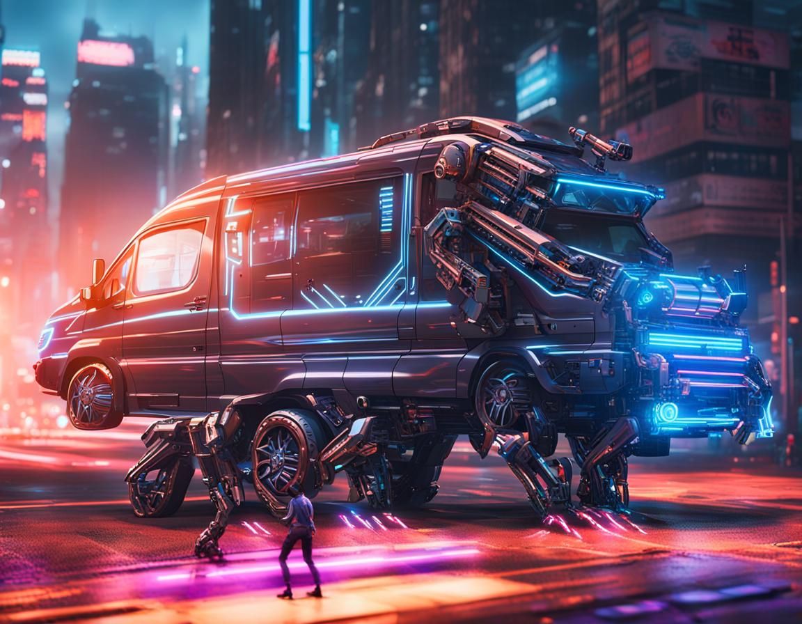 Cyberpunk Mercedes Sprinter Robotic Figure Stands Heroically