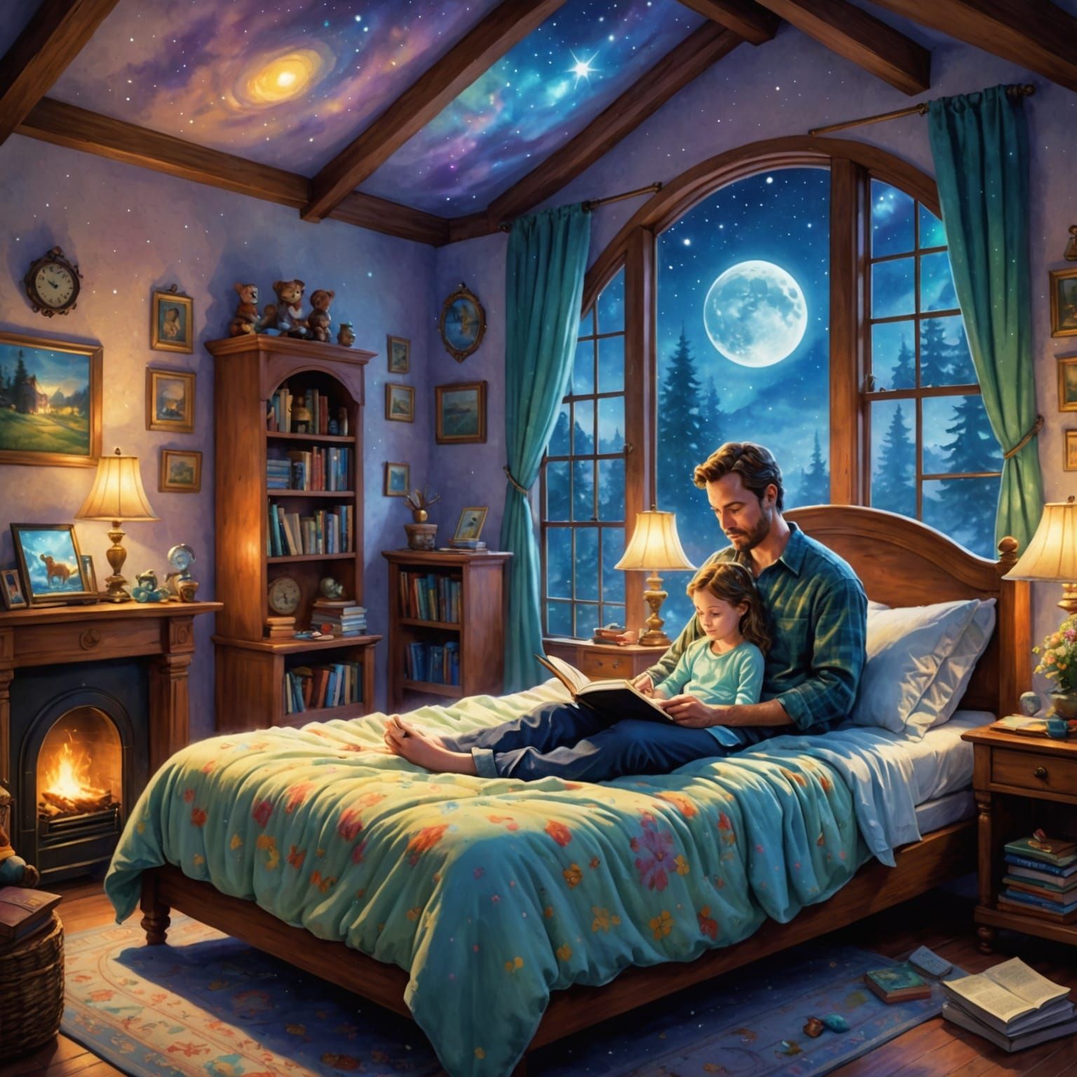 Cozy Bedtime Story Scene in Watercolor Style