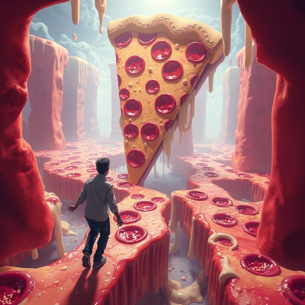 Surreal Pizza Maze Adventure in Dreamlike Style
