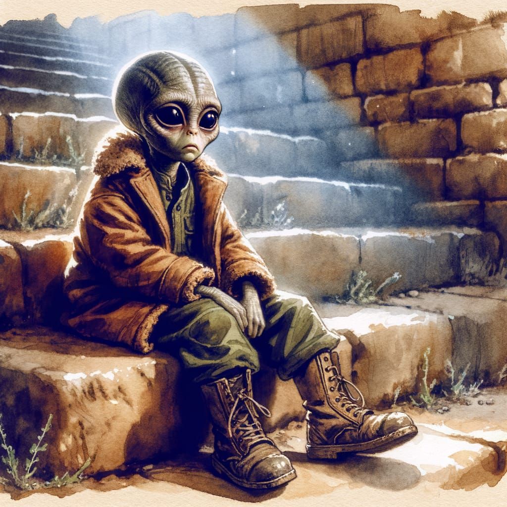 Melancholic Alien Child on Stone Steps, Watercolor Style