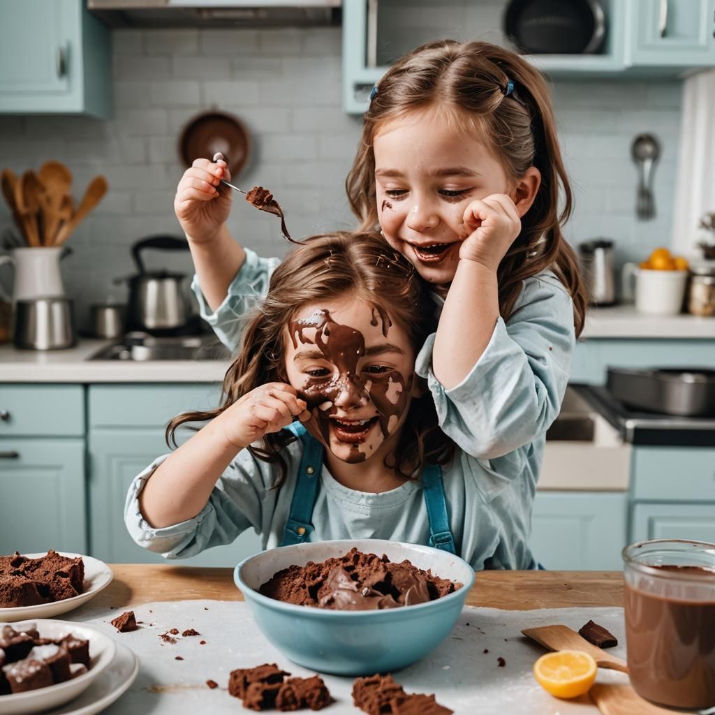 Girl Eats Cake Mix in Light Blue Kitchen