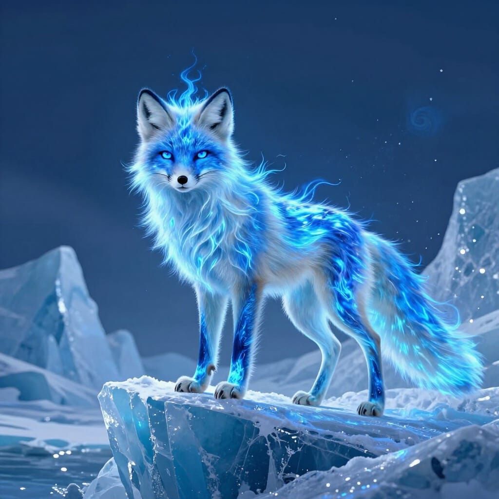 Arctic Fox with Blue Fire Fur on Ice Burg