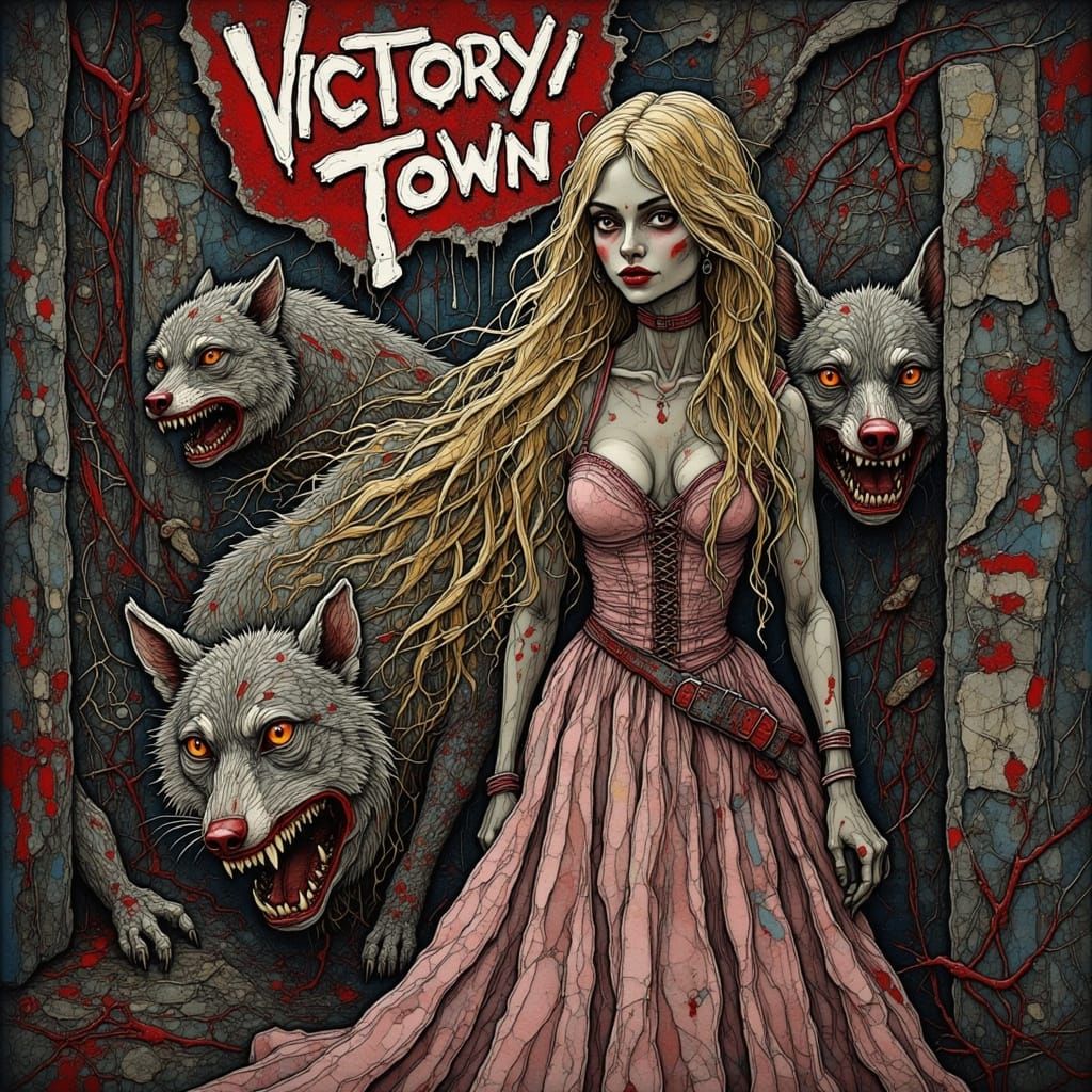 Woman in Pink Dress with Wolves in Alleyway - Dark Fantasy A...