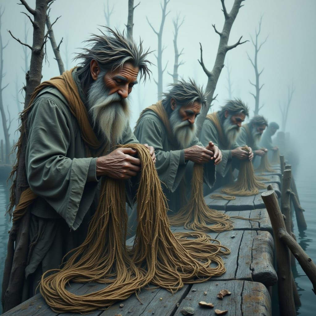 Weathered Fishermen Mending Nets on Foggy Pier