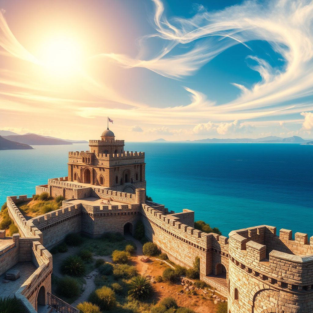 Naxos Fortress Overlooking Aegean Sea, Matte Painting