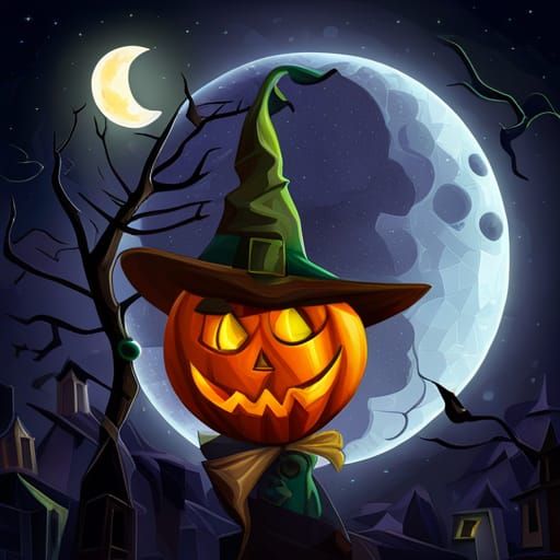 Halloween Jack O'Lantern with Witch Hat, Cubist Style