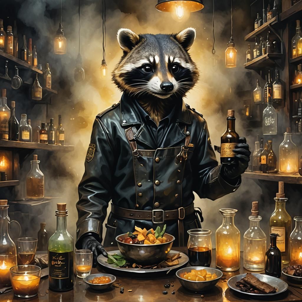 Raccoon Waiter Emerges from Mist: Alcohol Ink Art