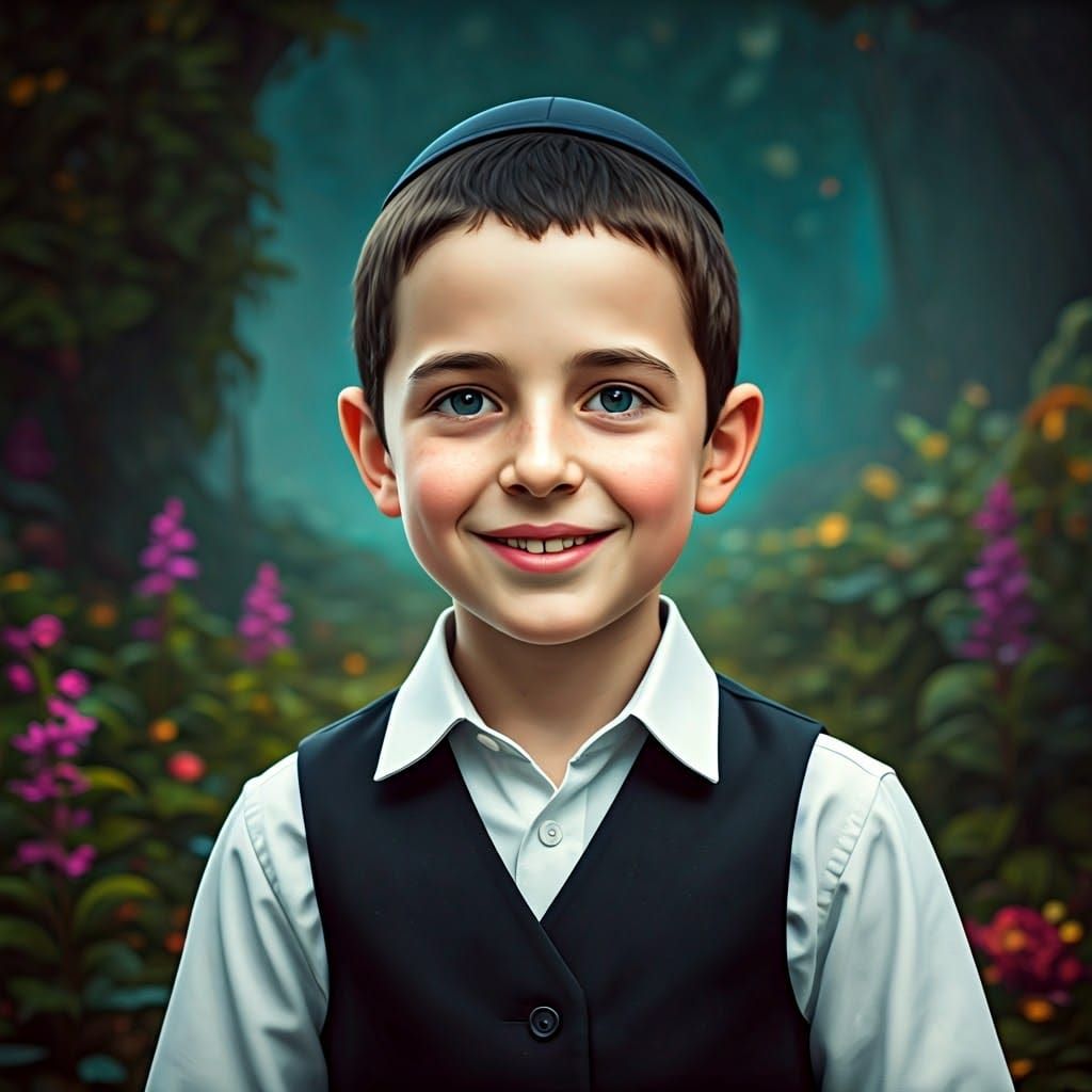 Traditional Hasidic Youth Smiling in Enchanted Landscape