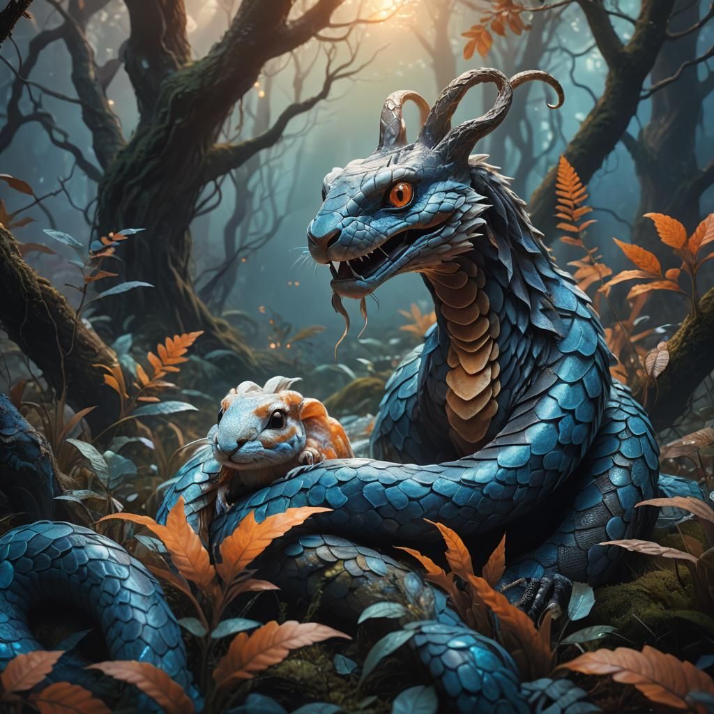 Mystical Snake-Rabbit Hybrid in Fantasy Forest