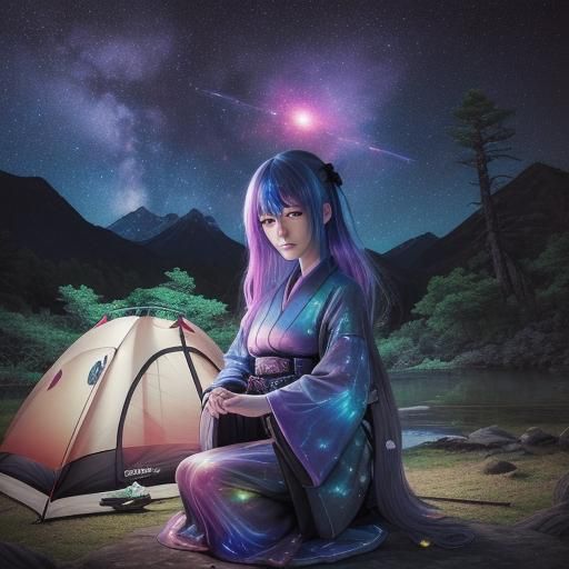 Japanese Gothic Woman at Astral Campsite: 8K Illustration