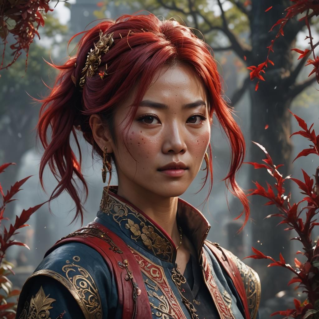 Hyperrealistic Portrait of Asian Woman with Red Hair