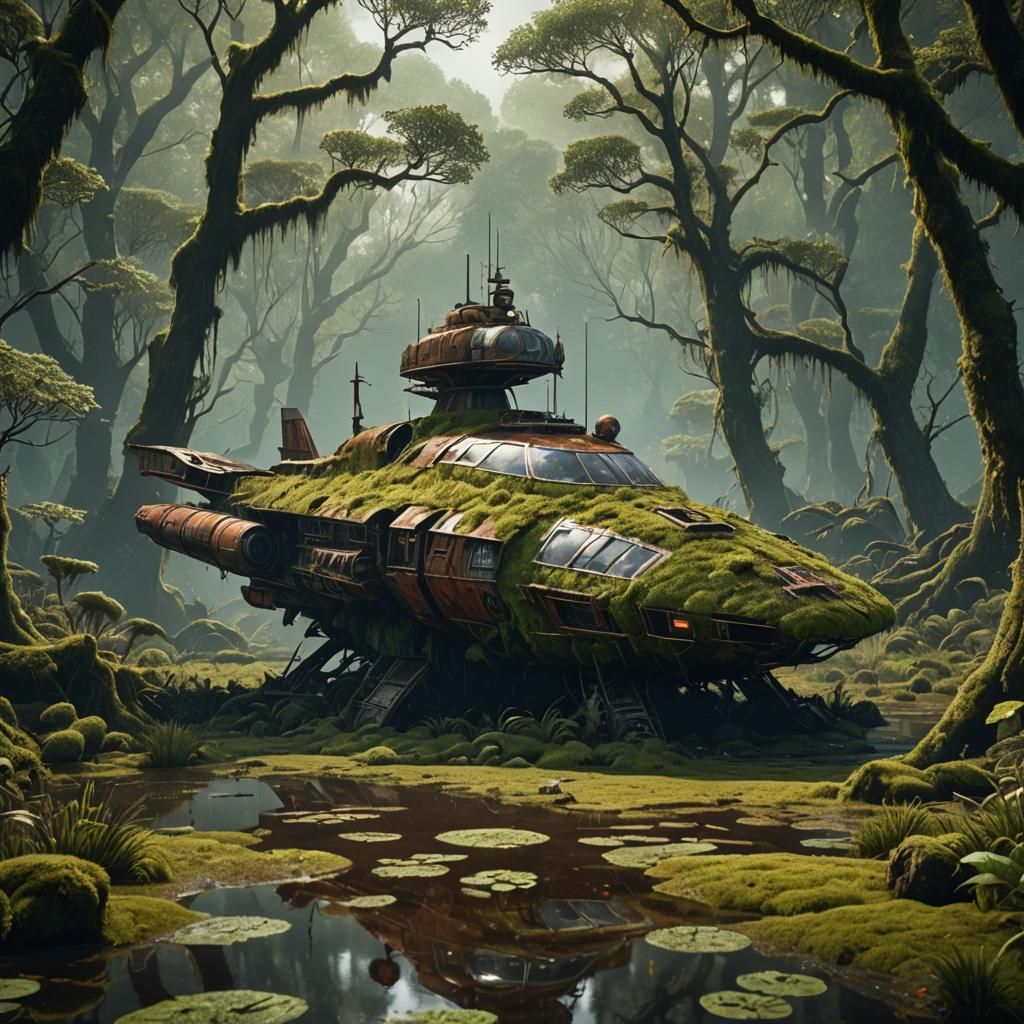 Moss-Covered Spaceship in Swamp: Fantasy Concept Art