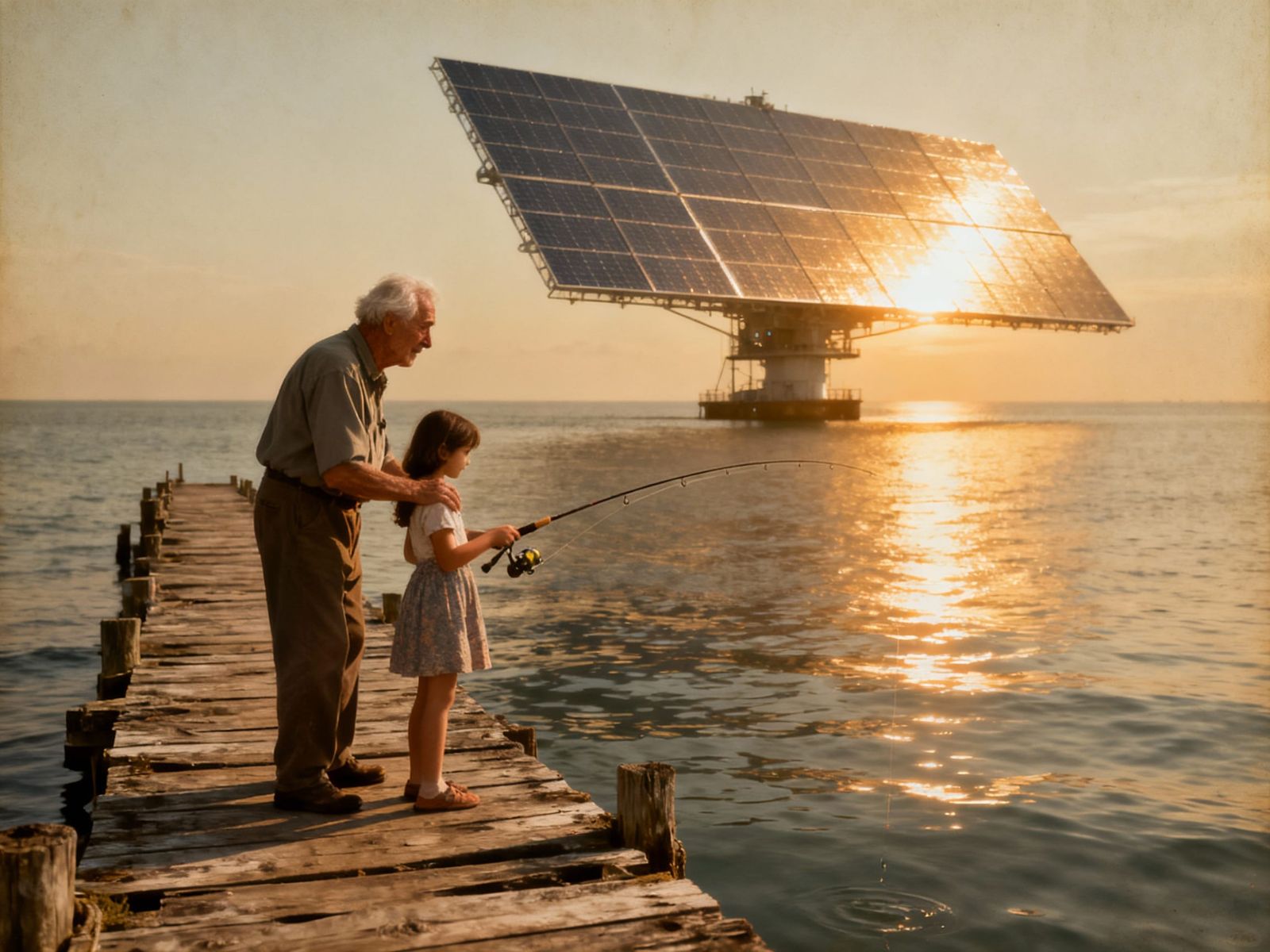 Grandfather Teaches Fishing Near Solar Collector at Sunset