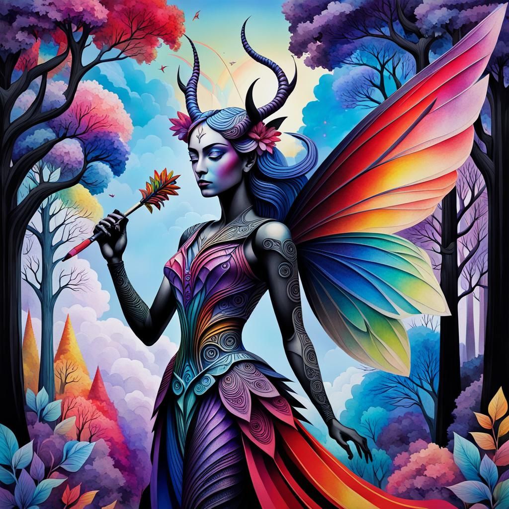 Rainbow Fairy Writing Dream Words in Cubist Style