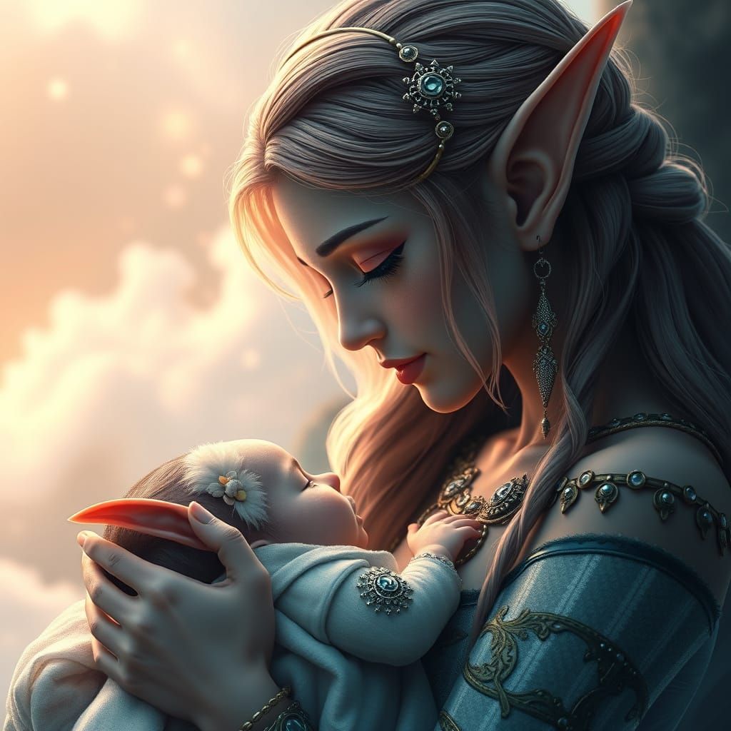 Elf Mother and Newborn in Dreamlike Fantasy Scene