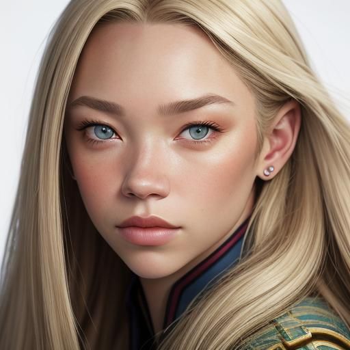 Sydney Sweeney with pointed ears, long blonde hair.