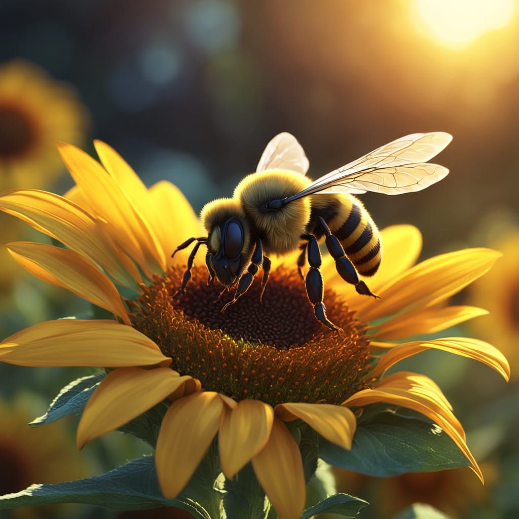Detailed Bee on Sunflower at Golden Hour