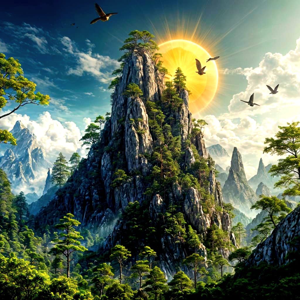 Forest Meets Menacing Mountain Under Bright Yellow Sun