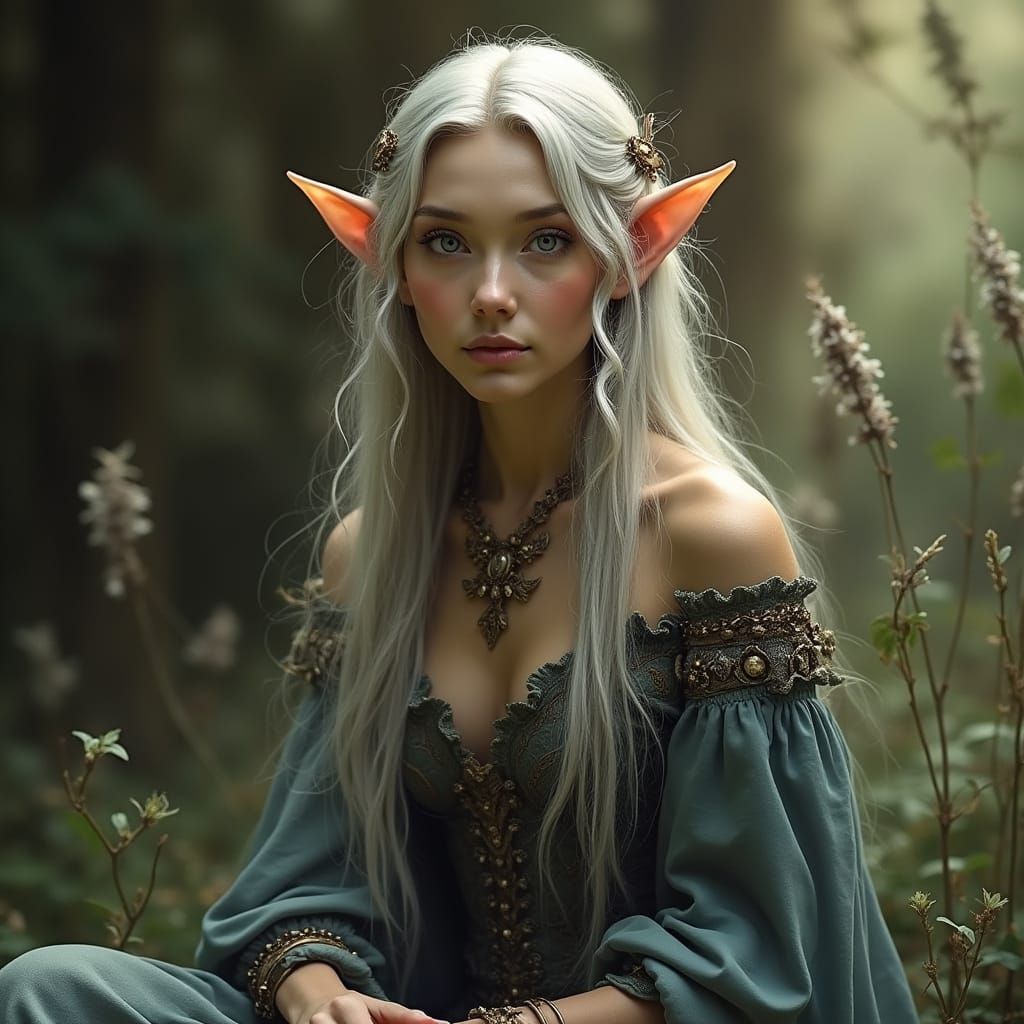 Elegant Elf Woman in Ethereal Garden