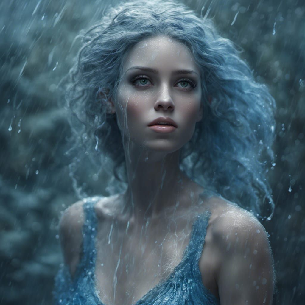 Blue Crystal Mermaid in Rainforest, Photorealistic Art