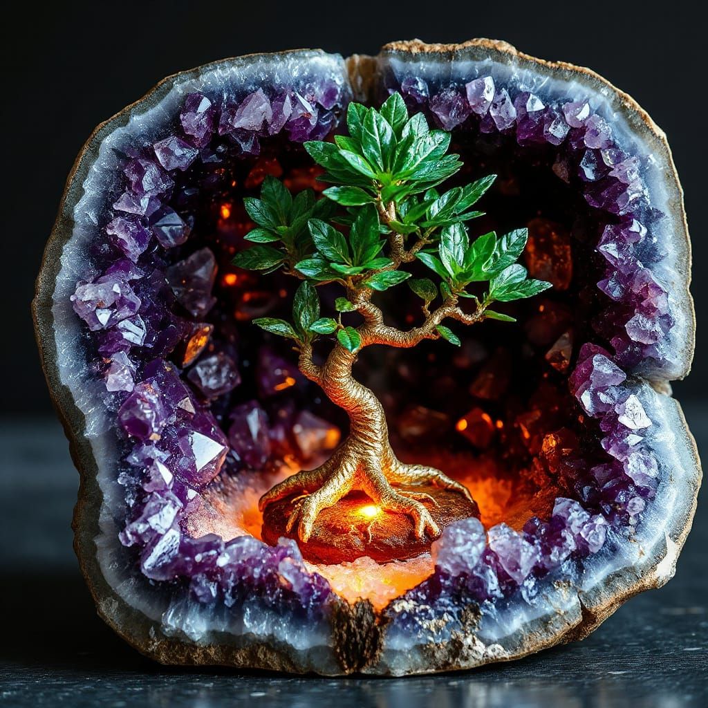 Enchanted Bonsai Tree in Amethyst Geode