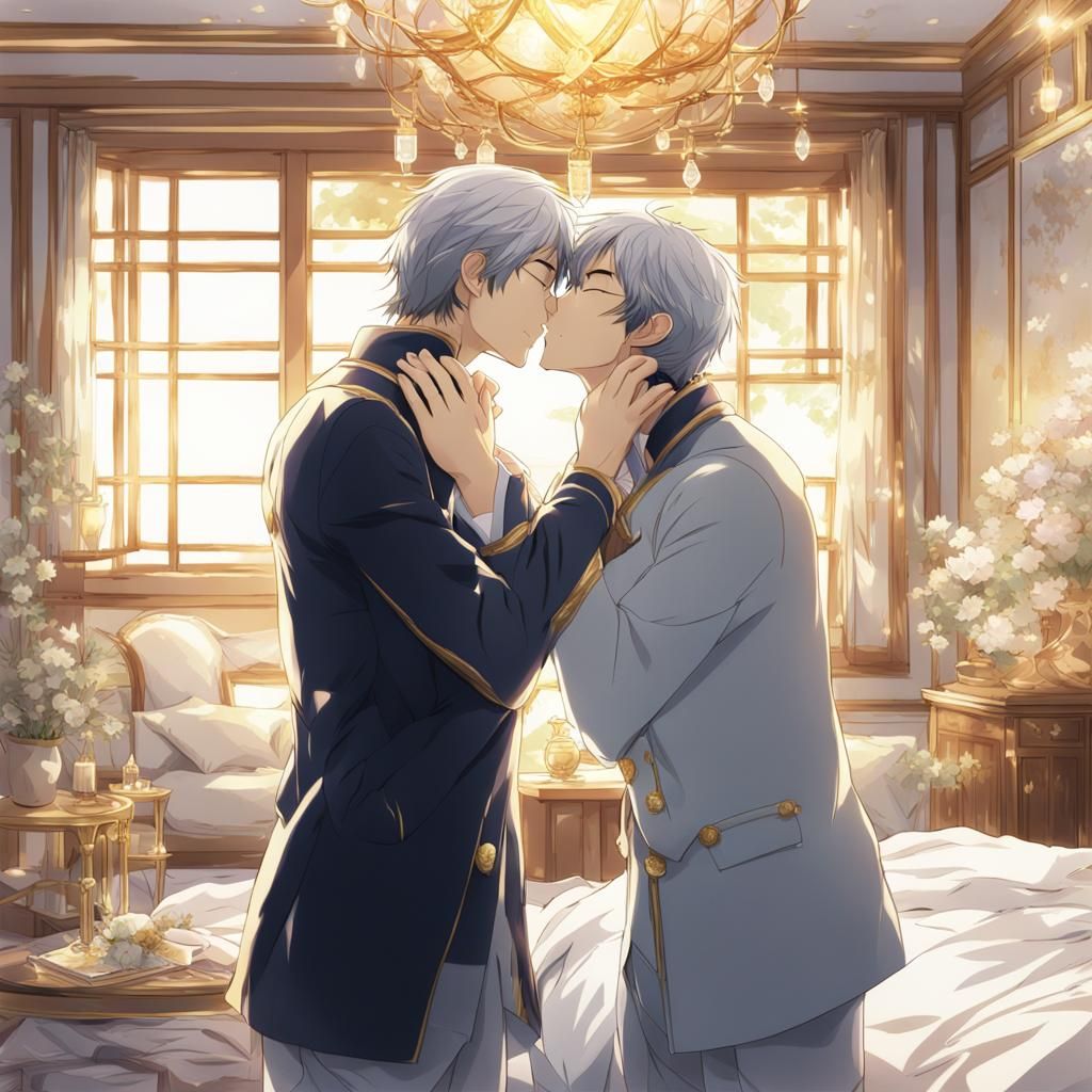 Two Asian Men Embrace: Anime-Style Kiss