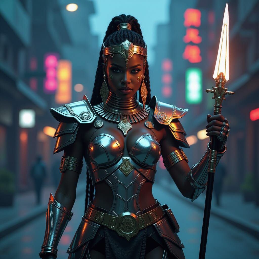 Cyberpunk African Warrior Queen in Chrome Armor