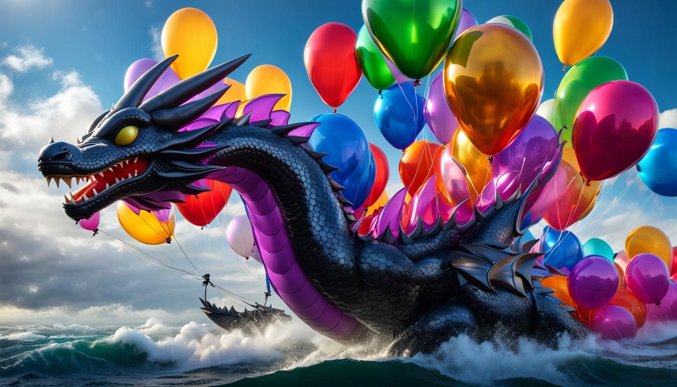 Inflatable Dragon in Balloon Sea, Dark Fantasy Art
