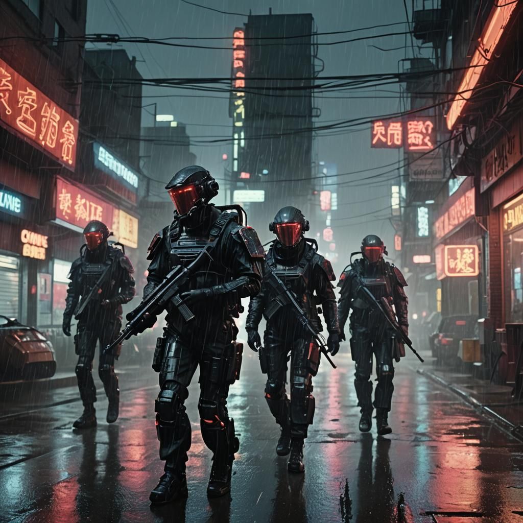 Cyberpunk Soldiers in Rainy Dystopian Cityscape