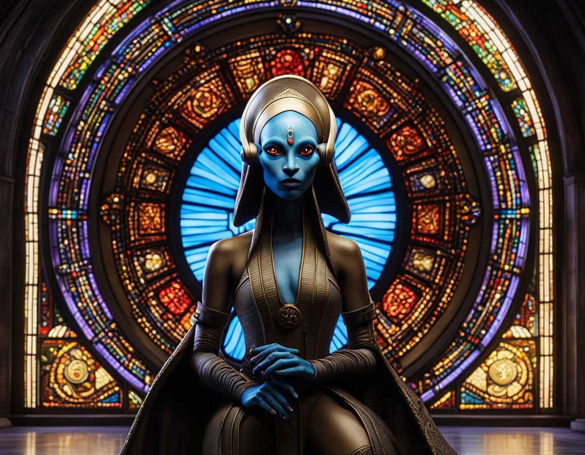 Twi'lek Praying in Medieval Sci-Fi Church