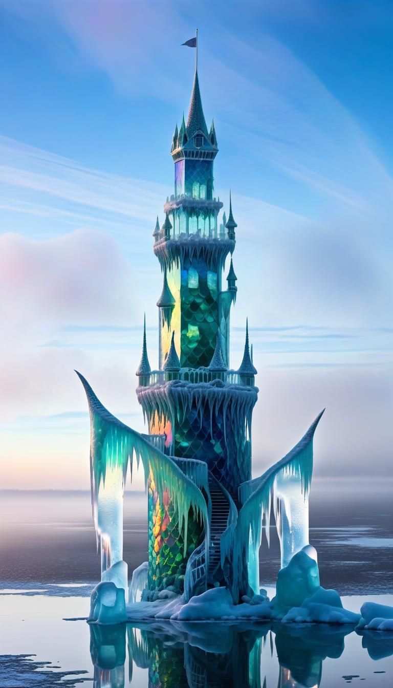 Iridescent Mermaid Near Ice Tower on Misty Sea
