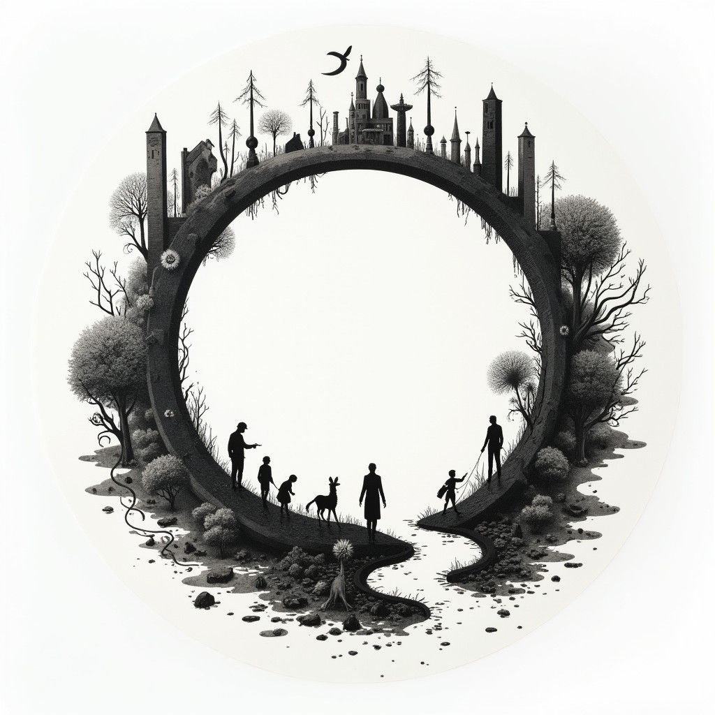 Minimalist Circle Surrounded by Miniature Figures