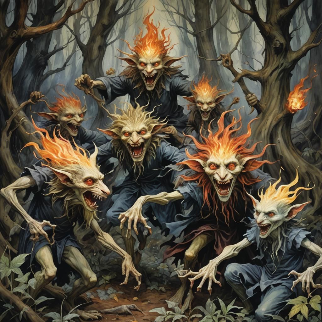 Fire Sprites Dancing in Dark Glade: Gouache Illustration