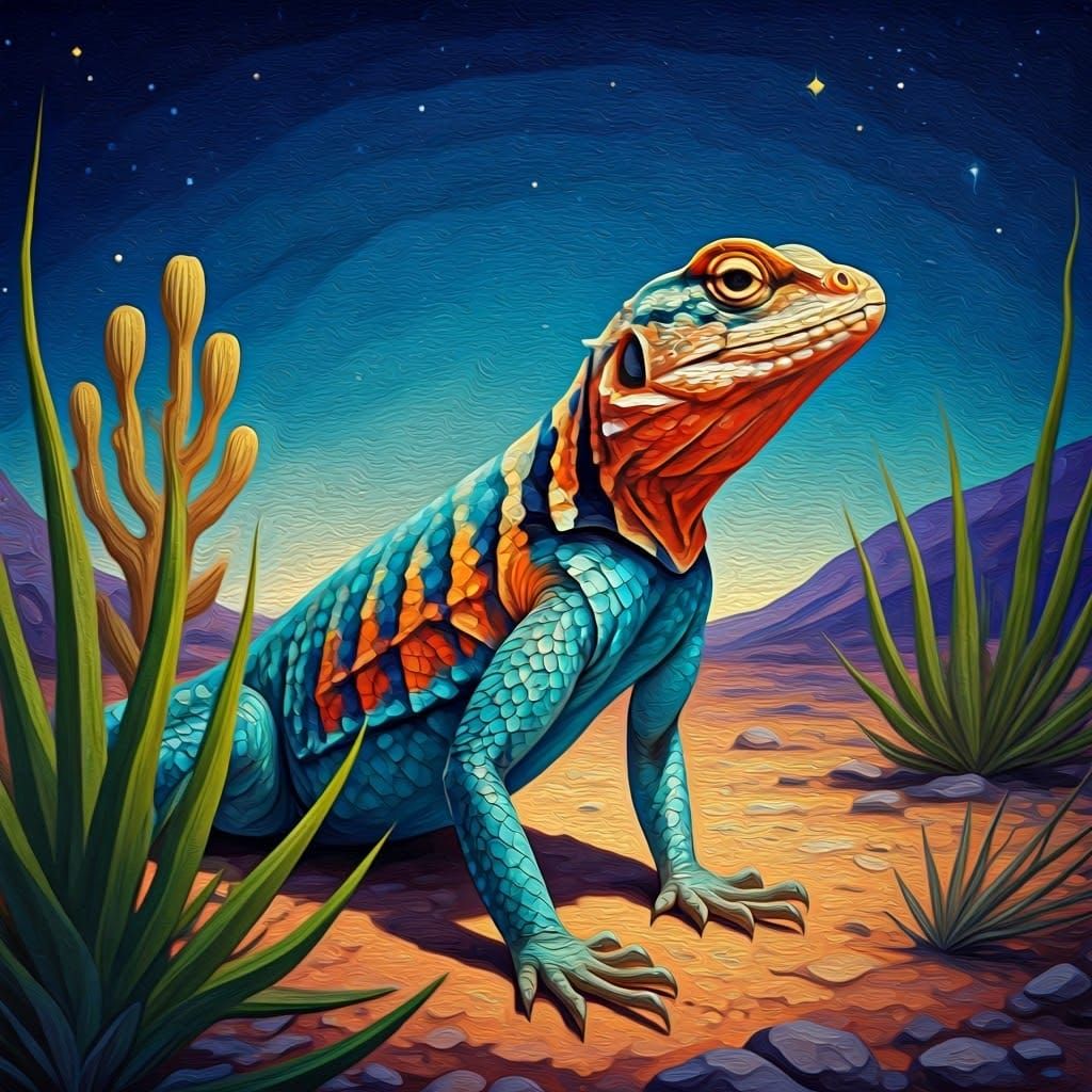 Collared Lizard in Desert Landscape: Impasto Oil Painting