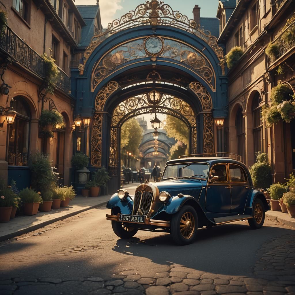 Steampunk Car Cruises Through Art Nouveau Village