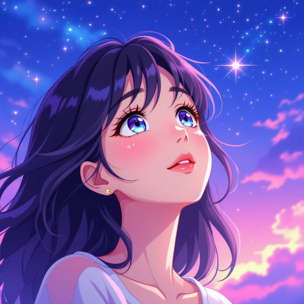 Anime Woman Gazes Awestruck at Starlit Sky