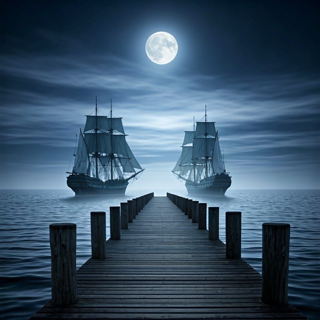 Moonlit Pier with Ghost Ships and Spirits