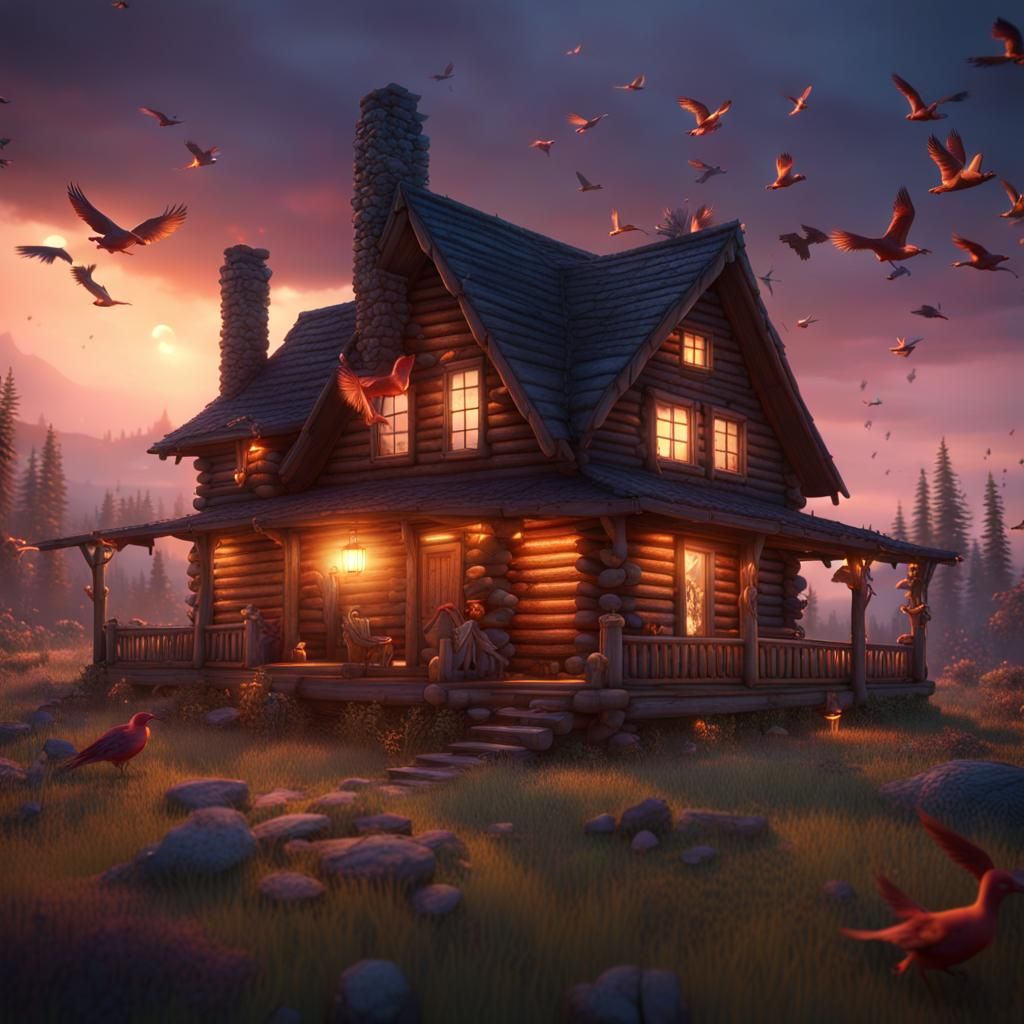 Log Cabin Surrounded by Colorful Birds at Dusk