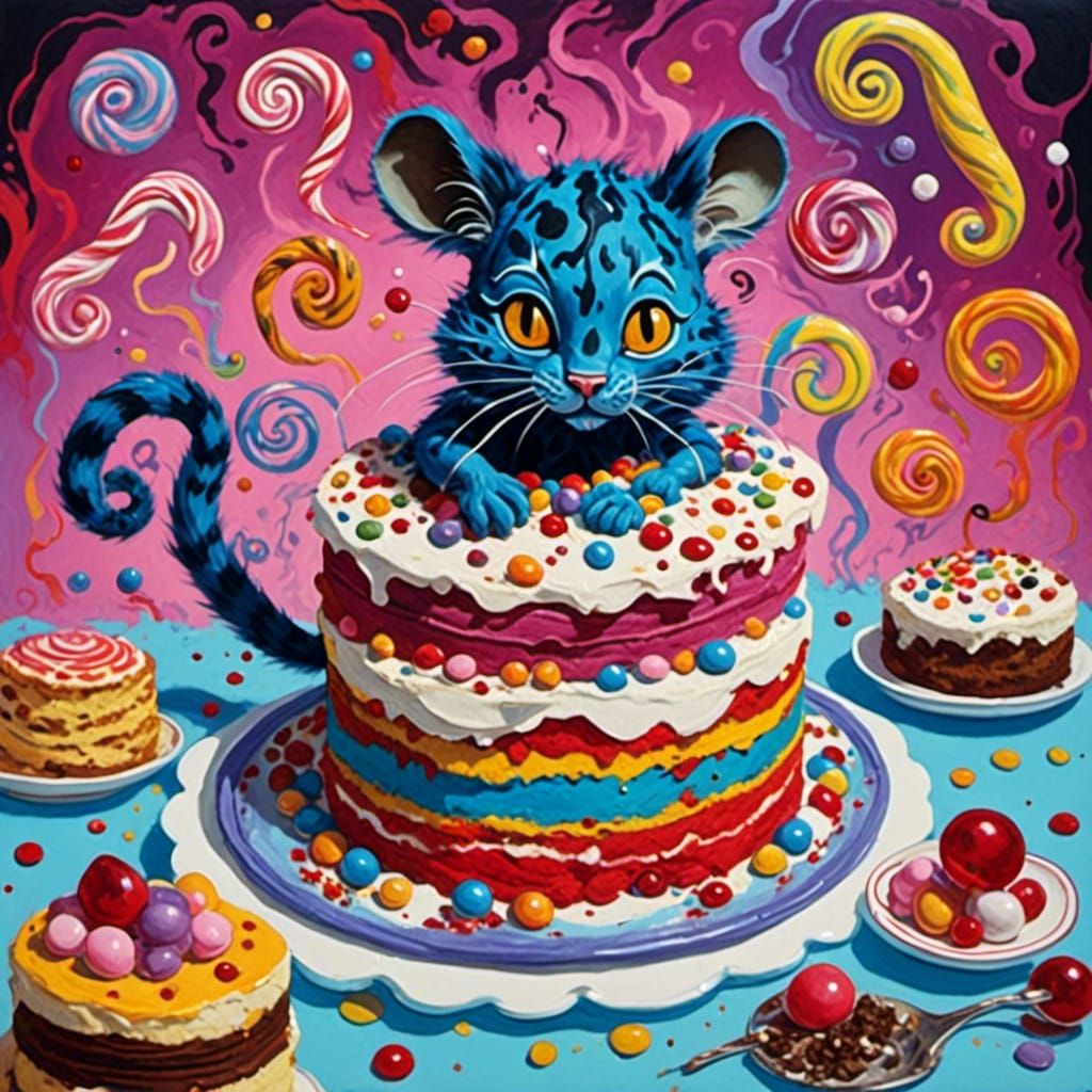 Cat Baking Cake in Candyland Gouache