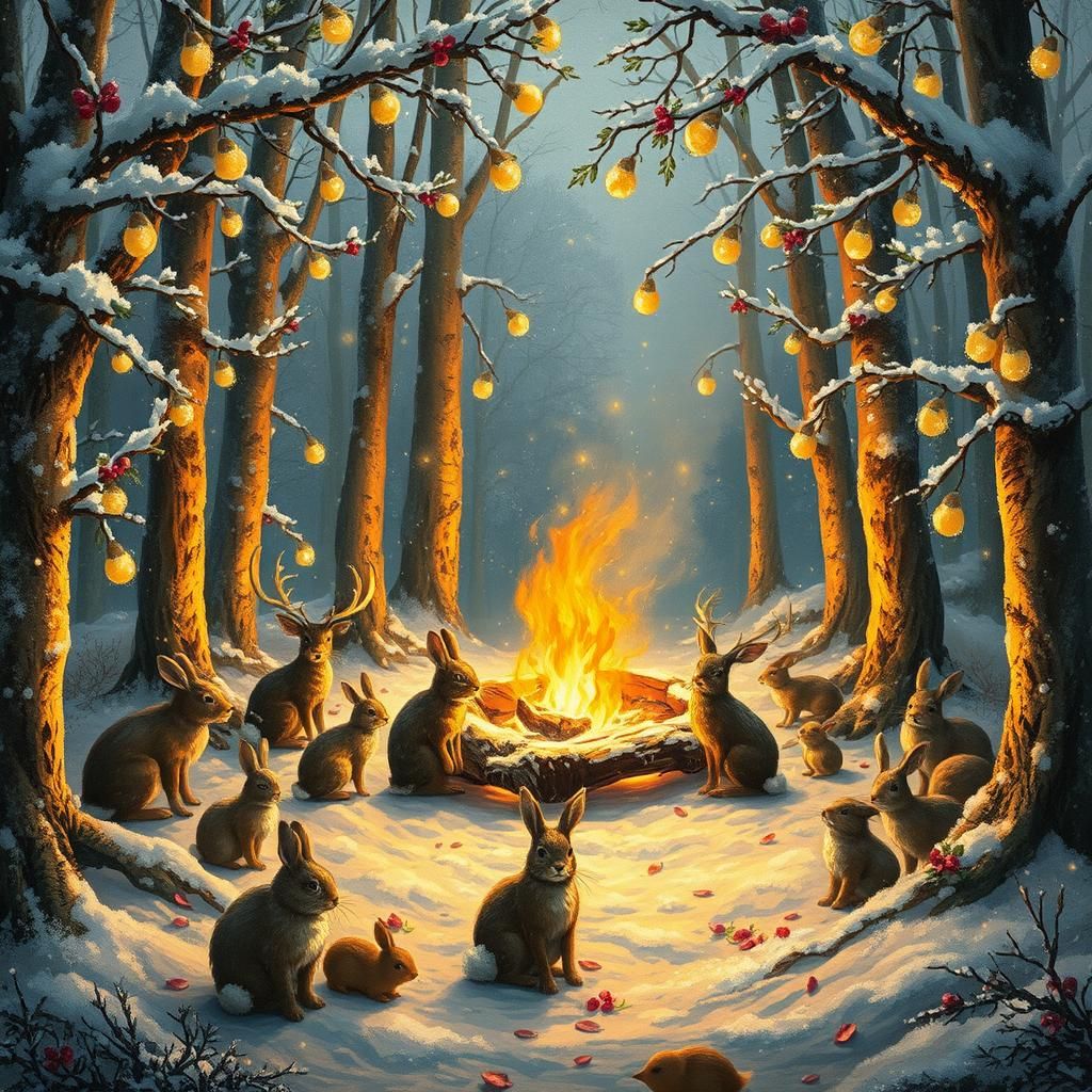 Winter Forest Gathering: Animals Warm by Firelight