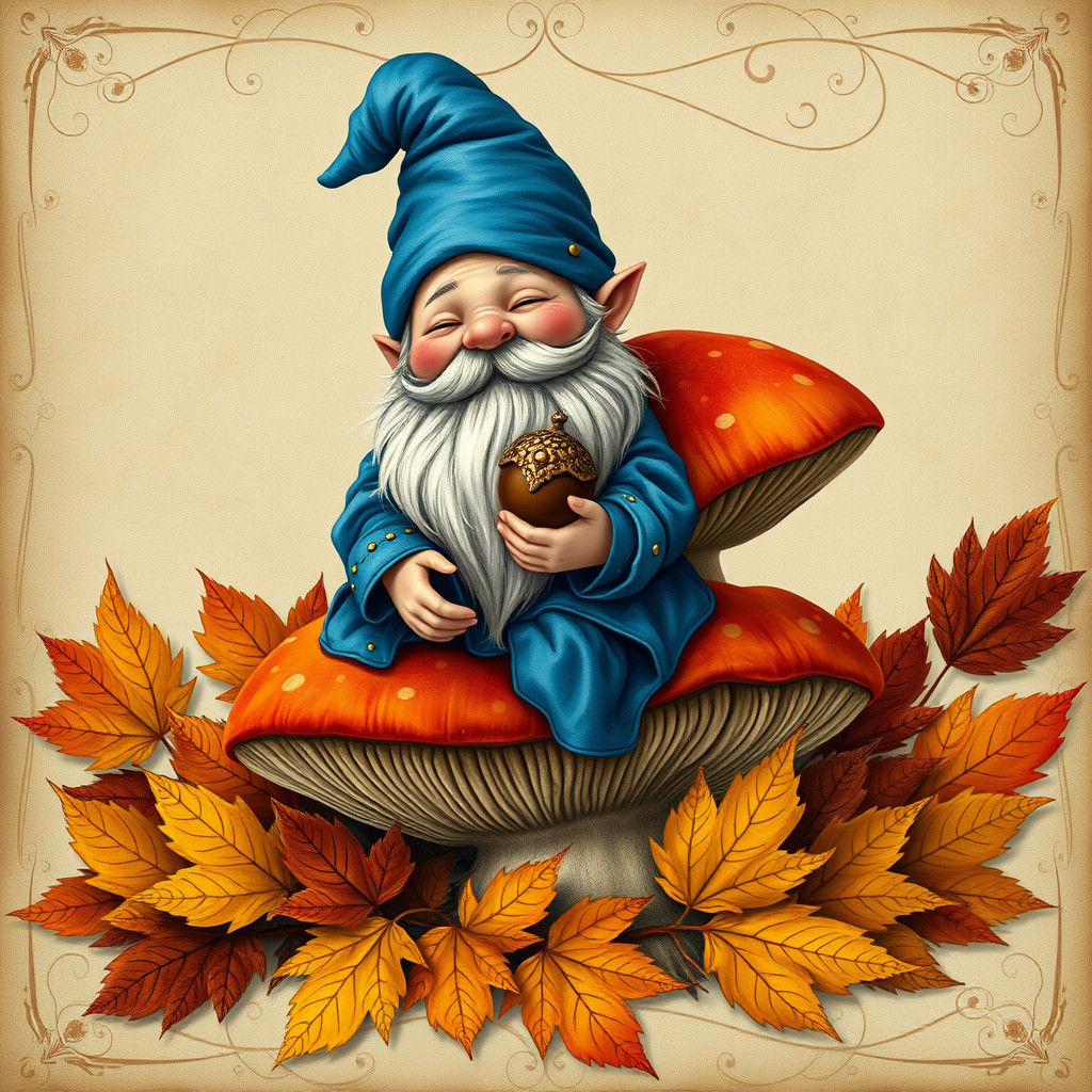 Enchanting Gnome on Mushroom in Storybook Style