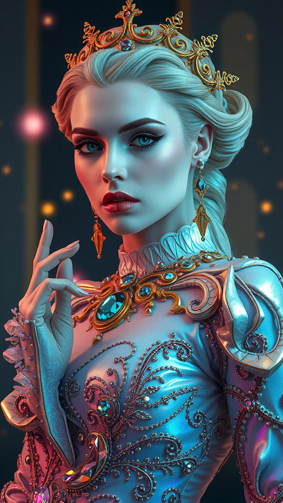 Ethereal Woman in Holographic Gown, Biomechanical Art