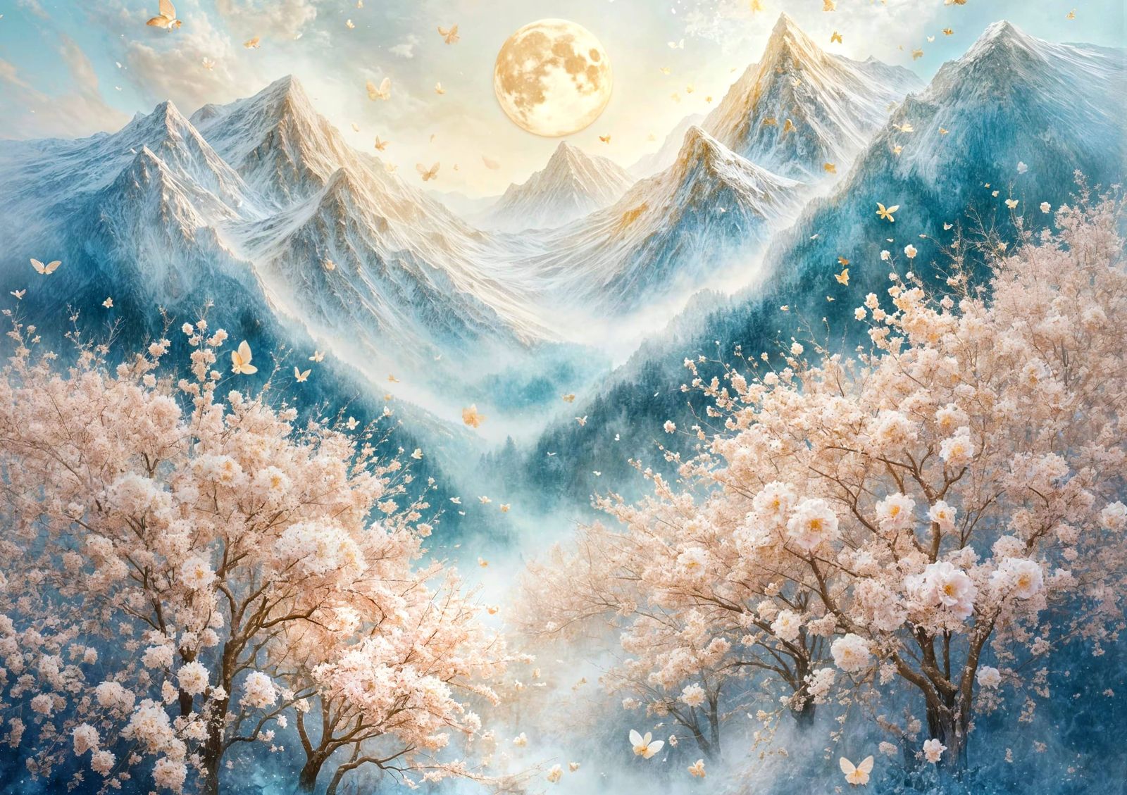 Ethereal Cherry Blossom Mountain Scene with Gold Leaf