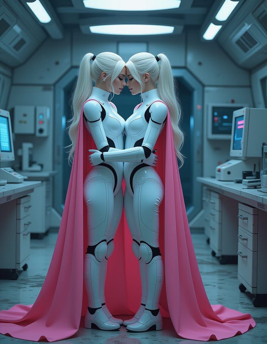 Cybernetic Women Embrace in Abandoned Lab: Vintage Film Aest...