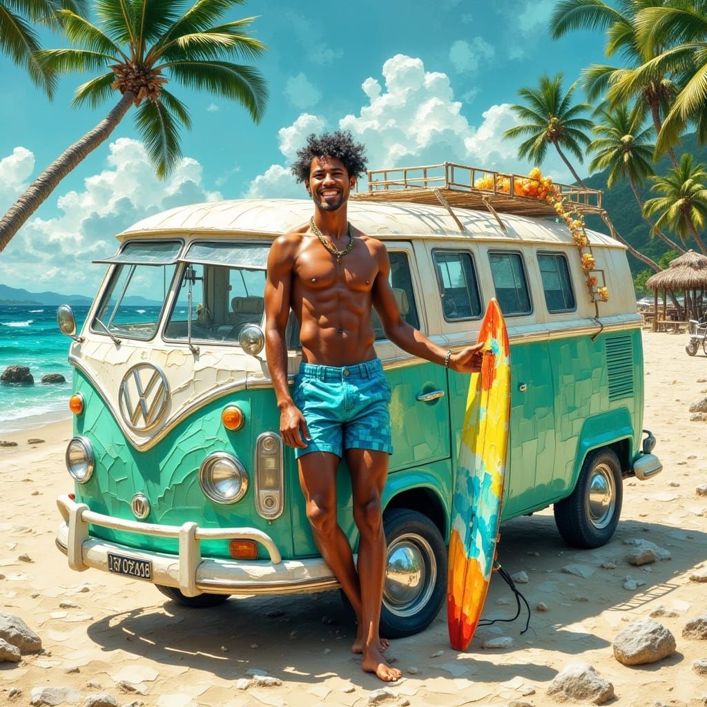 Volkswagen Van on Beach in Textured Photorealistic Style